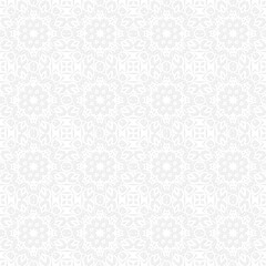 Elegant repeating pattern of light gray floral mandalas on white background