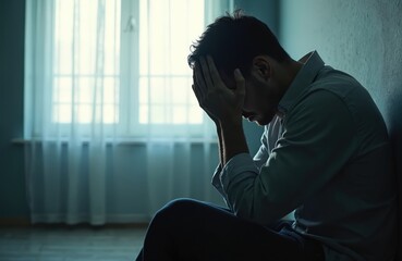 Silhouette of man sitting floor corner covering face with hands, experiencing emotional pain, mental health issues like depression, stress, anxiety. Psychological, emotional well-being support,