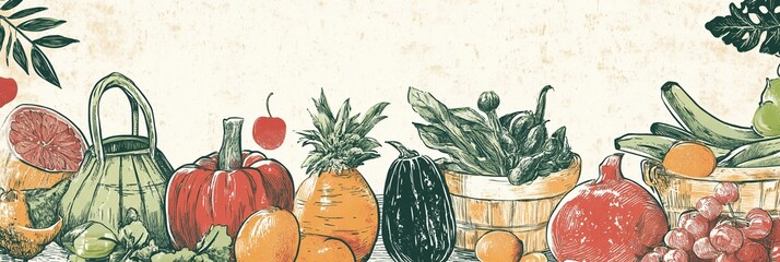 Heritage food fair banner showcasing a variety of organic fruits and vegetables
