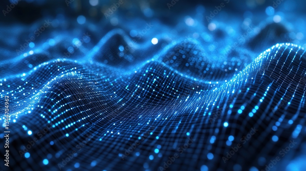 Poster abstract 3d digital grid with moving lines and particles background