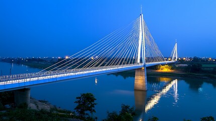 Fototapeta premium Modern cable-stayed bridge spanning a tranquil river at twilight. Illuminated by the soft glow of city lights reflected on the water