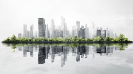 Fototapeta premium City skyline where buildings are replaced with tree trunks and flowing rivers. Open sky for text placement.