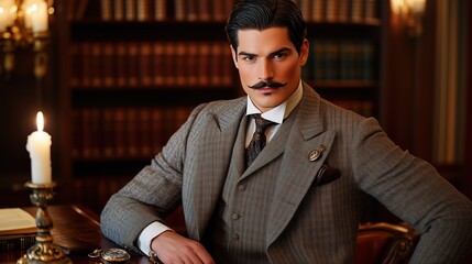 Sophisticated Man In Elegant Library With Candlelight.