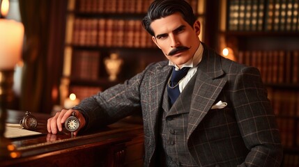 Stylish Man With Timepiece In Antique Adorned Library