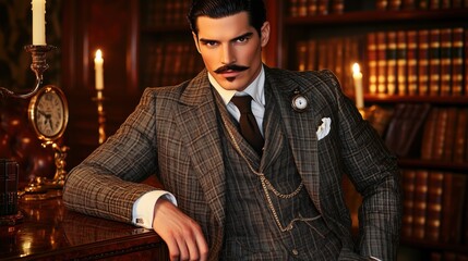 Dapper Man In Plaid Suit, Surrounded By Bookshelves