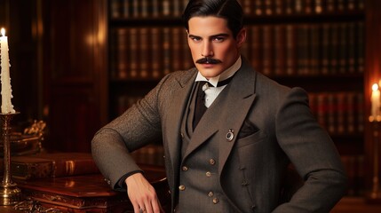 Sophisticated Gentleman In An Opulent Library Scene