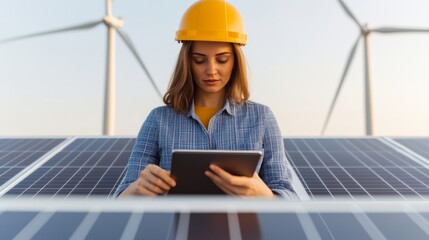 Renewable energy technician using tablet solar farm technology outdoor close-up sustainability insights