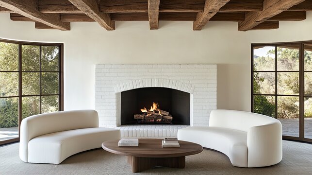 Fototapeta Inviting living room blends white brick fireplace, rattan furniture, and minimalist decor for a serene farmhouse atmosphere