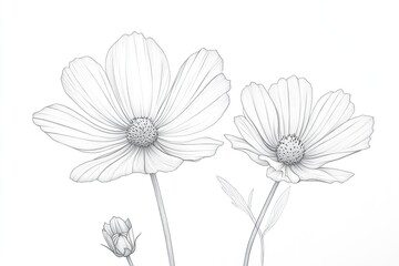 Beautiful floral line art drawing, simple design, white background, white petals,