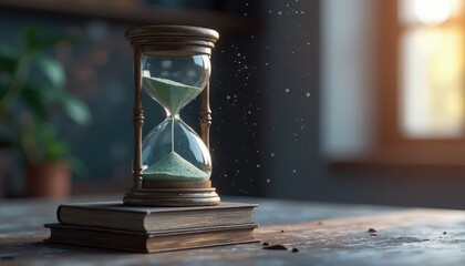 Classic hourglass resting on a book, symbolizing the passage of time and knowledge during Earth Hour.