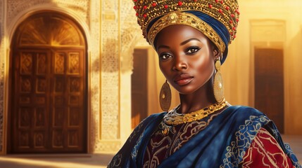 Regal Woman Adorned With Elaborate Headpiece In Palace