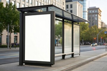 Bus Shelter with Blank Advertisement Space, Ideal for Mockups or Urban Themes, Featuring Cityscape and Isolated Panel