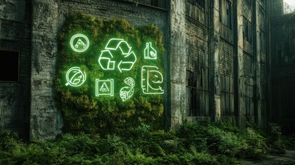 Glowing neon eco-symbols emerging from a moss-covered industrial complex, showing sustainability. White space for text on the right.