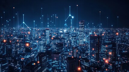 Fototapeta premium Vibrant City Skyline at Night with Wireless Network Connections