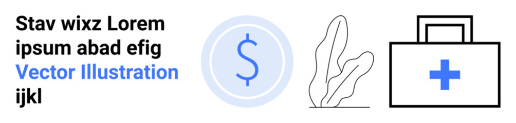 Dollar emblem, abstract plant design, and medical kit with cross suggest finance, health, and growth. Ideal for healthcare, insurance, investment, corporate aid sustainability financial apps