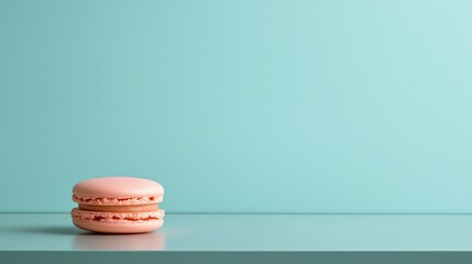 Obraz premium Single pink macaron on a light blue background. the macaron is stacked on top of each other, with the top macaron slightly overlapping the bottom one.