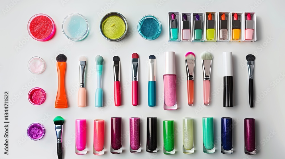 Poster vibrant nail polish collection with tools and accessories neatly arranged on a bright background for