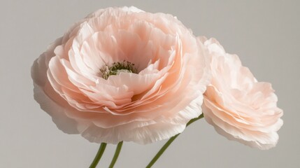 Three soft pink ranunculus blooms stand tall, their layered petals unfolding in a delicate display. Their subtle color creates a serene ambiance against a clean, pale background, inviting admiration
