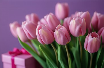 Fototapeta premium Pink Tulips and a Gift Box Create a Lovely Arrangement on a Purple Background