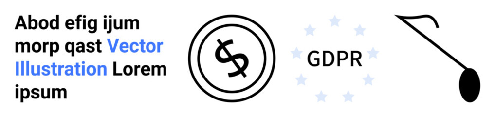 GDPR text surrounded by stars, money icon with dollar and euro, and minimalist magnifier. Ideal for privacy policy, finance security, legislation, business law, GDPR awareness, transparency abstract