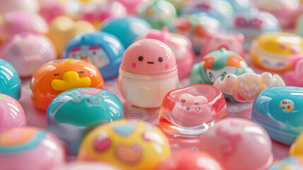 Colorful kawaii toy collection playroom product photography bright environment close-up fun