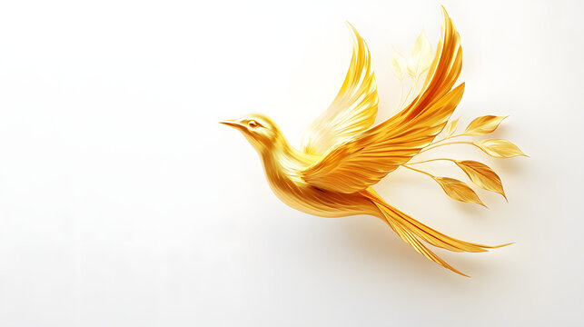 A golden bird-shaped ornament is located on the white 
background.
