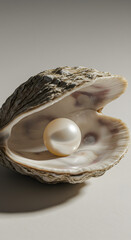 A close-up of an open oyster shell with a shiny pearl inside, set against a neutral background.