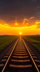 Obraz premium A serene sunset view along railway tracks stretching towards the horizon, surrounded by lush greenery and a colorful sky.