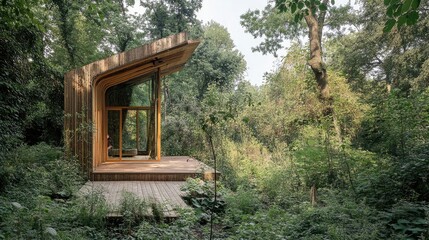 Modern wooden cabin nestled in lush greenery, showcasing sleek design and harmonious integration with nature.
