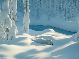 Arctic Fox Napping in Snowy Forest.