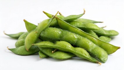 Fresh Edamame Pods on White Background, Ideal for Healthy Snack Mockups or Vegetable Themes, Featuring Natural Texture and Isolated Shot