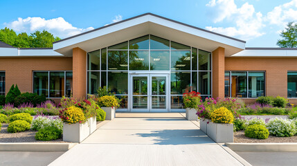 Modern vet clinic facade with welcoming design and well-maintained landscaping
