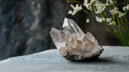 Cluster of crystals on a gray surface. the crystals are arranged in a way that they form a triangular shape, with the largest crystal in the center and the smaller ones on either side.