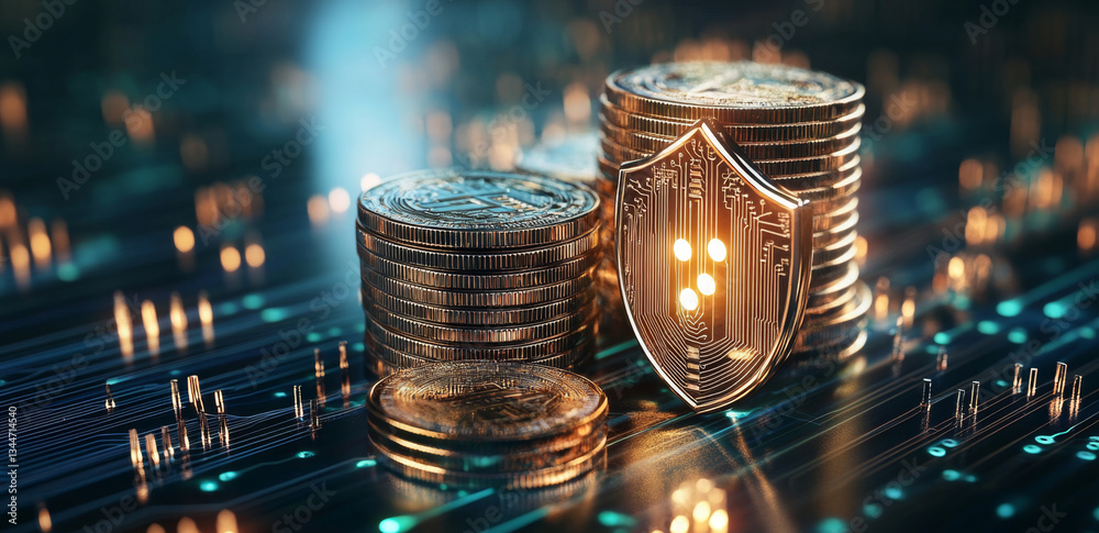 Leinwandbilder This image showcases digital banking with stacked coins next to a shield for security, and a lock highlighting the importance of privacy in financial transactions.