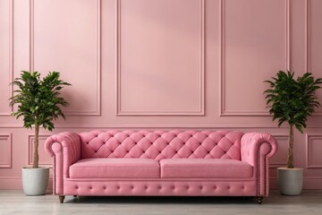 Pink Chesterfield Sofa Against Pink Panelled Wall with Potted Plants, Ideal for Interior Design Mockups or Living Room Themes, Featuring Elegant Furniture and Decorative Setting, Isolated Shot