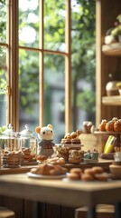 A charming toy mouse admires an assortment of delicious pastries