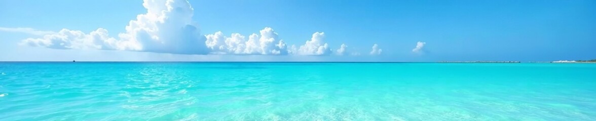 Crystal clear turquoise waters under blue sky with white fluffy clouds, sea, clouds, sky