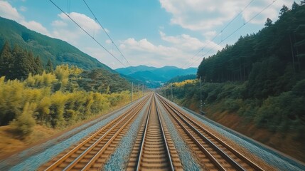 Fototapeta premium Mountain Railroad Track View, Sunny Day, Travel