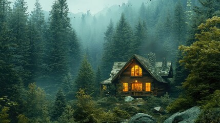 Cozy log cabin nestled in serene forest surrounded by tall trees and misty mountains reflecting peaceful nature's beauty