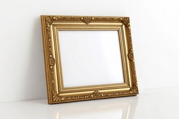 Ornate Gold Picture Frame Mockup Leaning Against White Wall, Ideal for Art Display or Photo Presentation, Featuring Vintage Design and Empty Space for Image, Isolated Shot