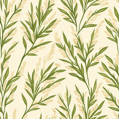 Seamless Rice Plant Pattern with Green Leaves and Beige Grains