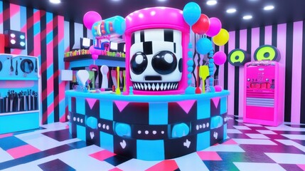 Fun, colorful cartoon bar with skull-shaped dispenser and retro appliances.