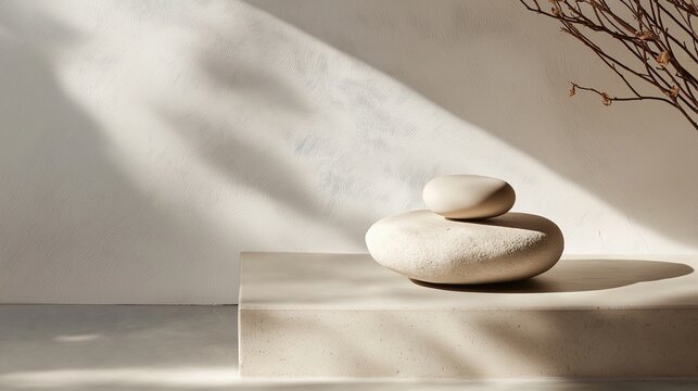 White stone sculpture on a concrete pedestal in a room with a white wall in the background. the sculpture is made of a smooth, polished stone and has a round, smooth surface.