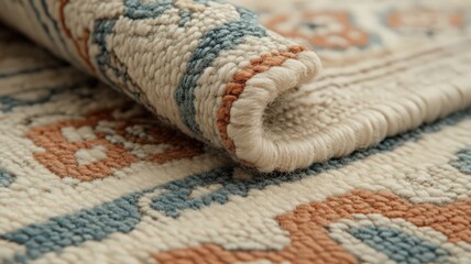 Fototapeta premium Close Up Textured Off White Rug with Dusty Blue and Terracotta Pattern