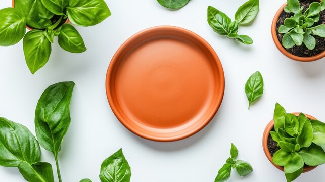 Empty terracotta plate surrounded by basil plants on white background.