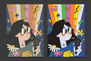 retro music-themed illustration of a singer with a vintage vibe, vector illustration