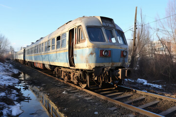 Fototapeta premium Old abandoned and already rusty train. A missile strike attack on the civilian population during the war.