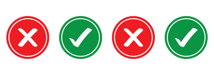 check mark icon button set. check box icon with right and wrong buttons and yes or no checkmark icons in green tick box and red cross