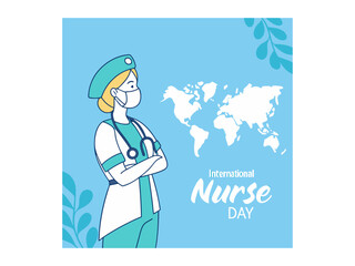 A vibrant illustration celebrating International Nurses Day. Nurses assisting senior in wheelchair on International Nurses Day. Vector silhouette design color full and  typography. International Nurse