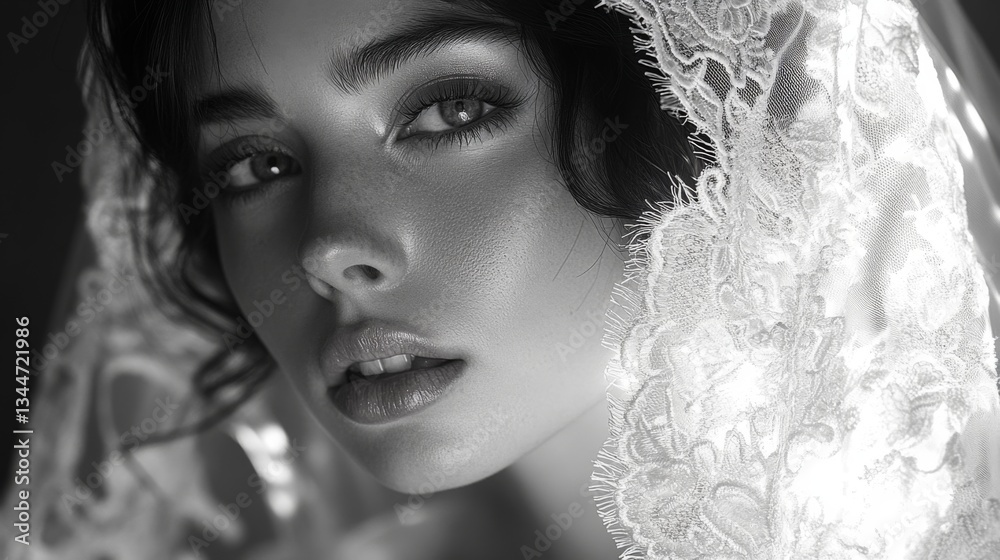 Poster A woman gazes softly with a lace veil draped around her, illuminated by gentle light, creating a serene and captivating atmosphere in monochrome style.